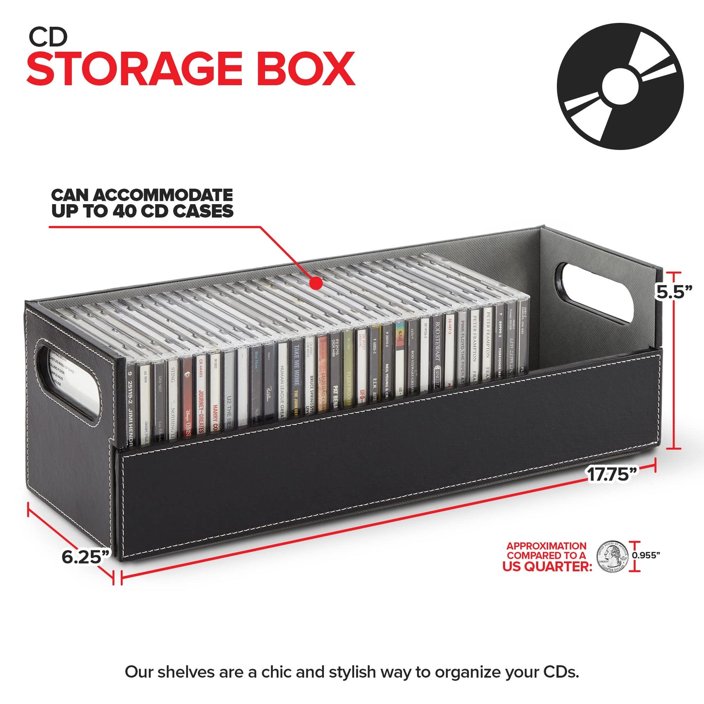 Stock Your Home CD Storage Box, Organizer Shelf for Movie Cases, DVDs, Cassette Tape Display Stand, Disc Holder Can Store Up to 40 CDs, Faux Leather (Black)