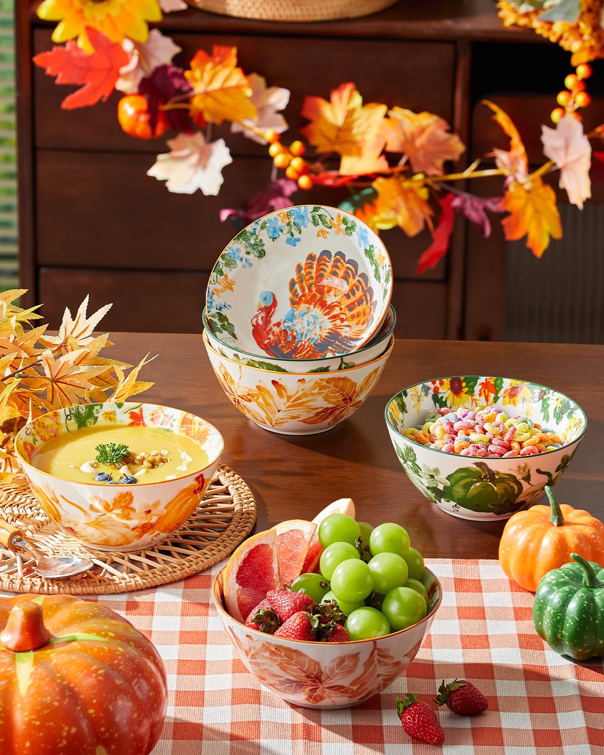 Metahom Fall Bowls Set of 6, Thanksgiving Ceramic Bowls for Cereal, 6.3" Pumpkins Soup Bowls, Autumn Harvest, Dishwasher and Microwave Safe