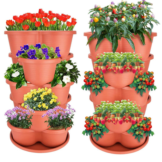 RooTrimmer 2-Pack Stackable Planter Pots, Brick Red, 5 Tier Garden Tower, Indoor/Outdoor Planters, Ideal for Growing Vegetables and Succulents