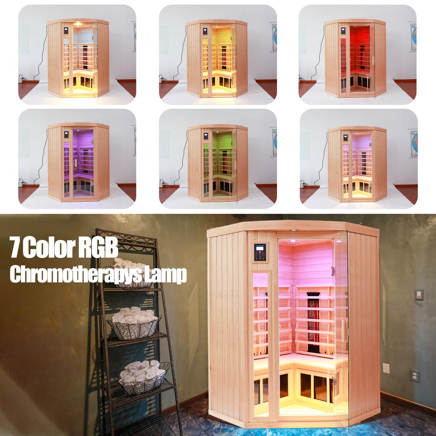 KUNSANA Ceramic Infrared Sauna 2-3 Person Infrared Saunas for Home Low EMF Indoor Home Sauna Spa Hemlock Wooden Corner Sauna Room with Bluetooth Speakers, LED Reading Lamps, Chromotherapy Lights