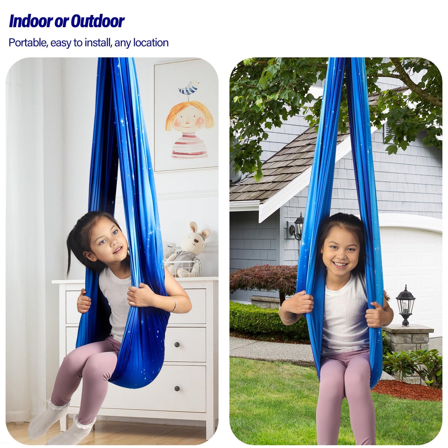 Sensory Swing for Kids & Adults Holds up to 300lbs Indoor & Outdoor Double Layer Therapy Cuddle Swing with 360° Swivel Hanger Kit for Calming, Effect for Autism, ADHD or SPD. (Star Blue)