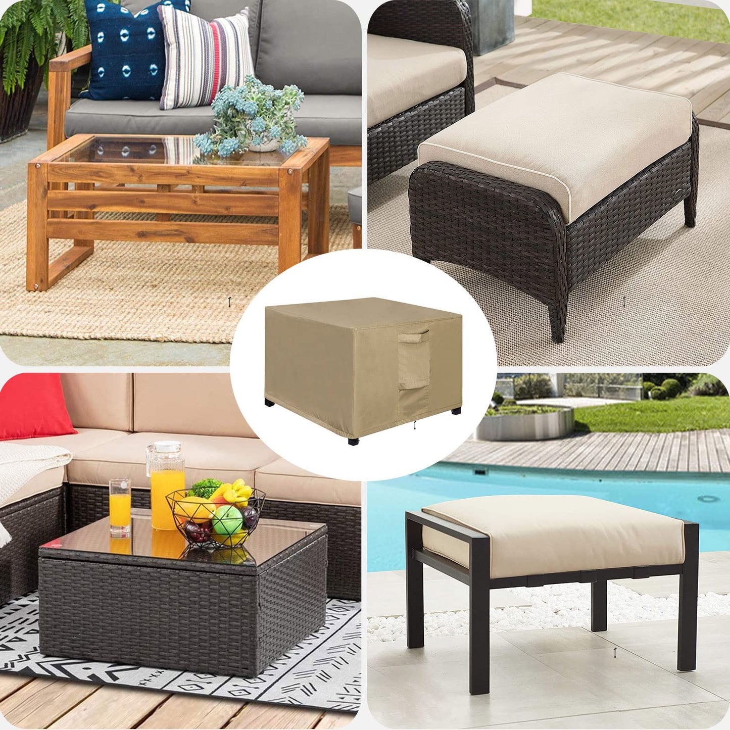 OutdoorLines Outdoor Waterproof Patio Ottoman Covers - Square UV-Proof Patio Side Table Cover Windproof Heavy-Duty Furniture Covering Protector 33L x 33W x 17H Inch, Camel