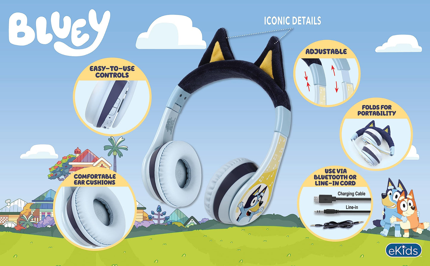 eKids Bluey Bluetooth Headphones for Kids, Wireless Headphones with Microphone Includes Aux Cord, Volume Reduced Kids Foldable Headphones for School, Home, or Travel