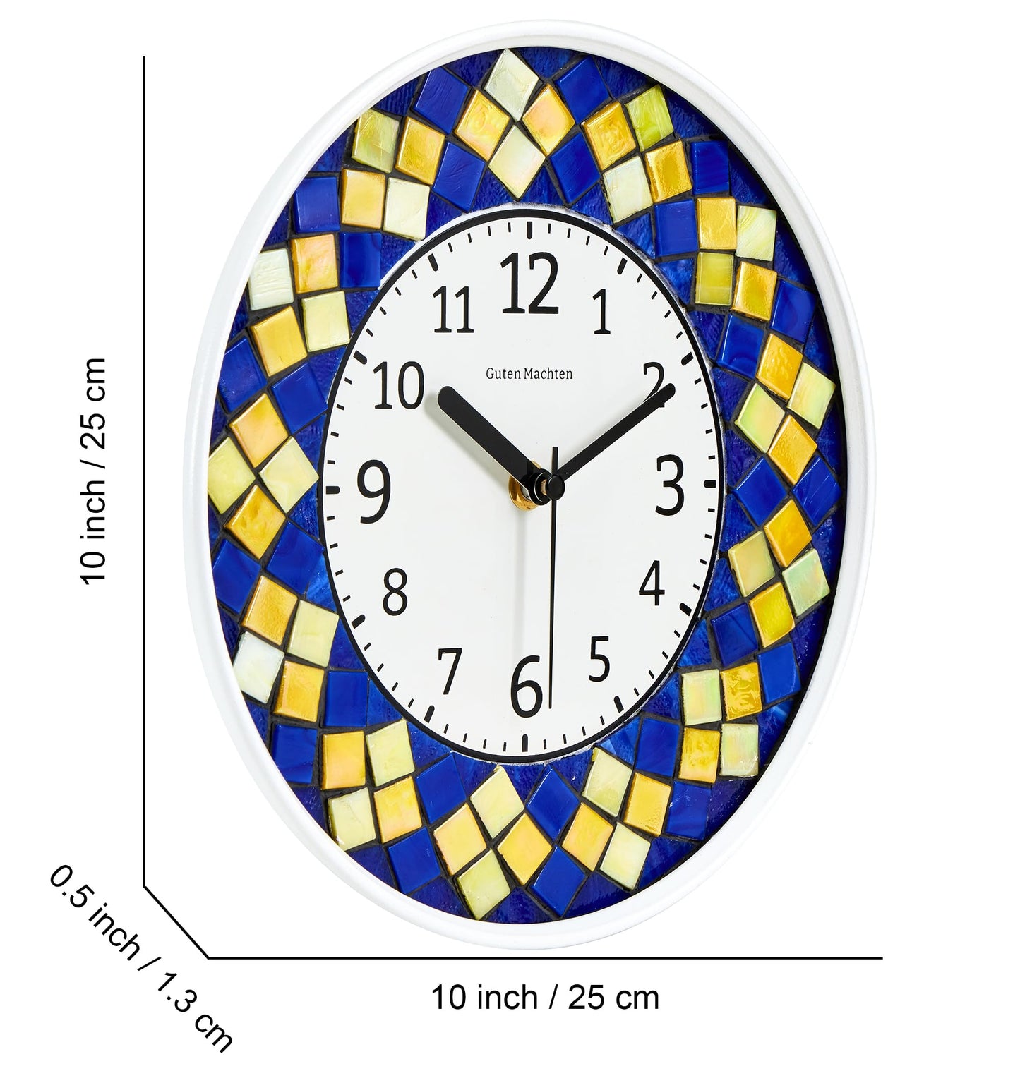 Guten Machten 10'' Mosaic Small Wall Clock Glass Silent Non-Ticking Analog Living Room Decor Office Unique Pattern Square Yellow Blue CLK002