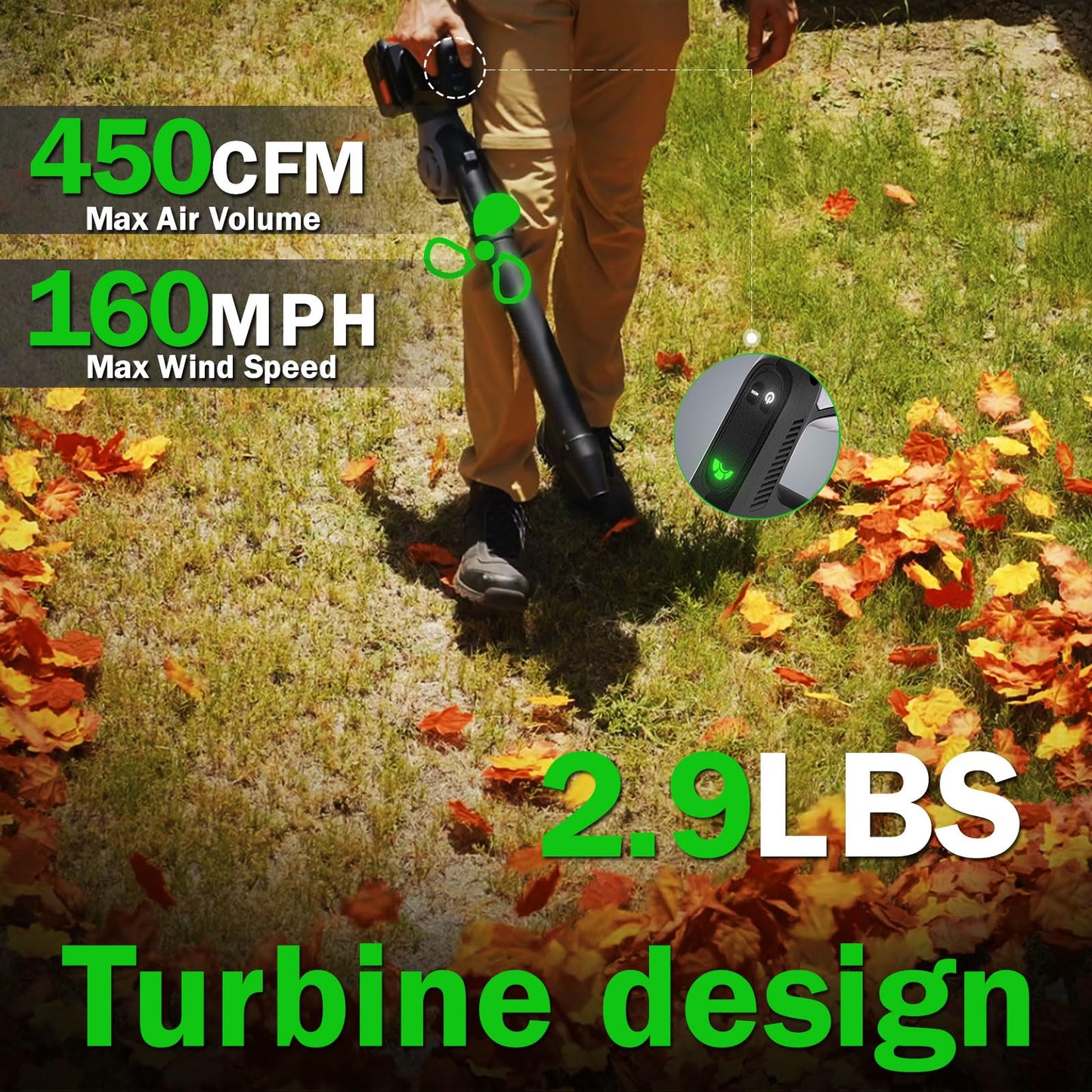 WeGofly Cordless Leaf Blower, 2 x 21V 4.0Ah Battery and Charger, 3 Speed Mode, 450CFM/160MPH Lightweight Battery Powered Leaf Blower for Lawn Care, Patio, Yard, Sidewalk,Snow Blowing