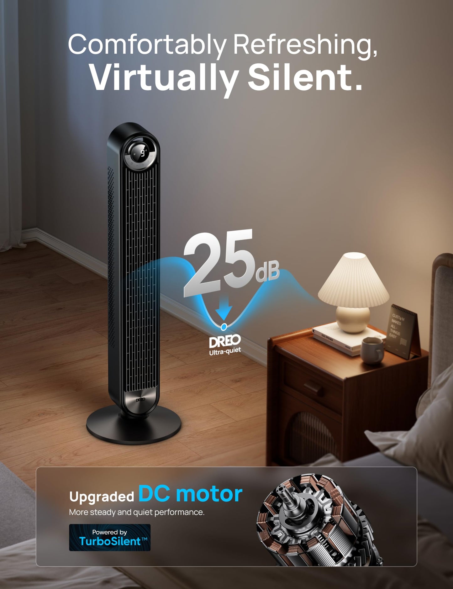 Dreo Tower Fan for Bedroom, Upgrated DC 9 Speeds Utral-Quiet Floor Fan, 90° Oscillating Fans for Indoors with 26ft/s Velocity, 12H Timer, Standing Fans, Bladeless Fan Powerful for Home Office Room