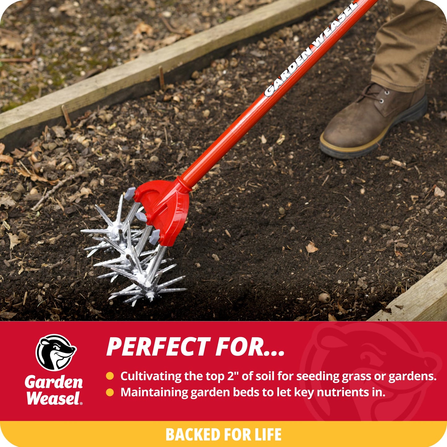 Garden Weasel Rotary Cultivator with Detachable Tines - Long Handle | Aerate, Weed, Cultivate, Plant, Reseed | Lawn Reseeding Garden Tool, Garden Soil Loosener | 90206