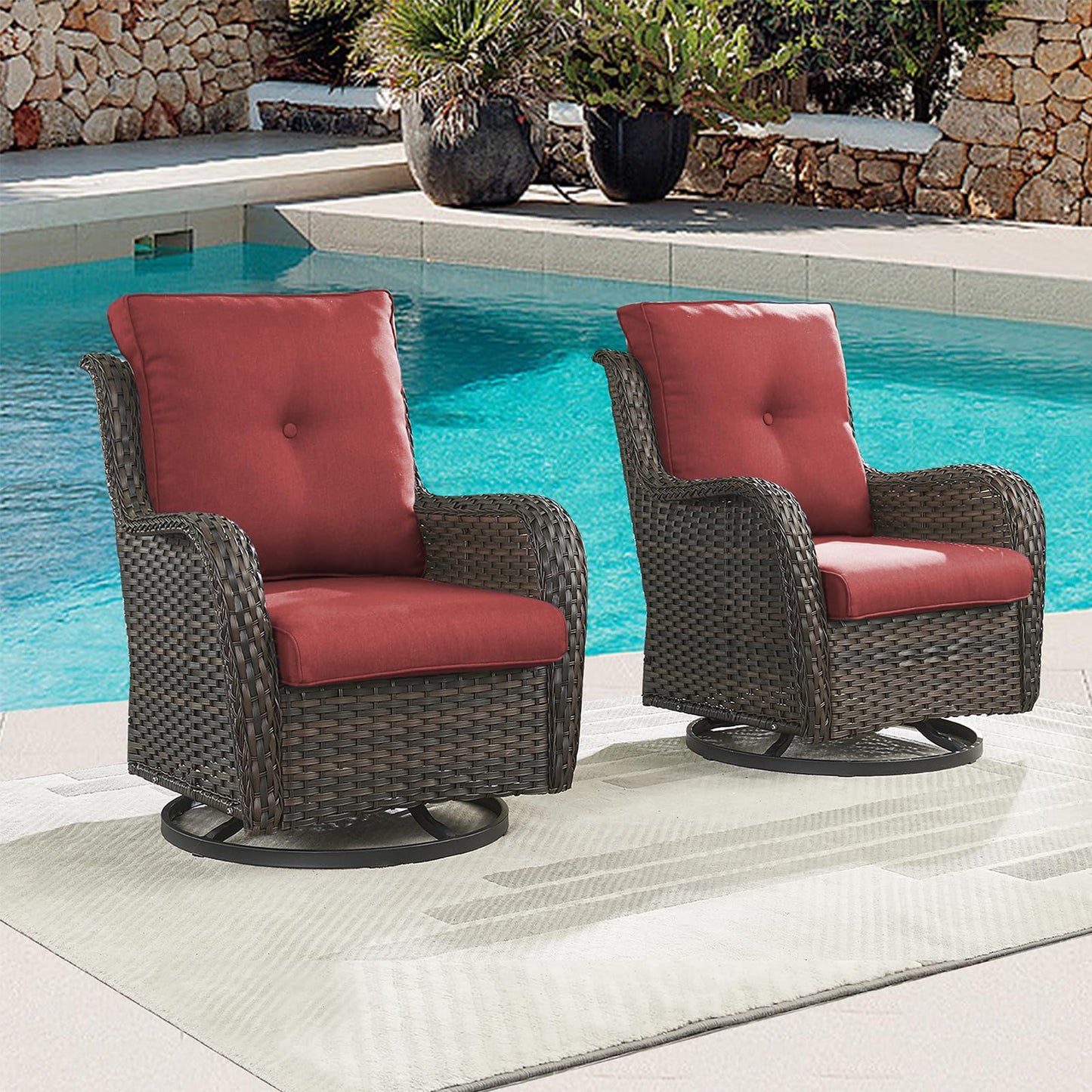 Rilyson Patio Chairs Rocking Swivel Chiar - 2 Piece Outdoor Wicker Furniture Chairs Set Rattan Rocker Chairs with High Back and Deep Seating for Outside Porch Deck Garden(Brown/Red)