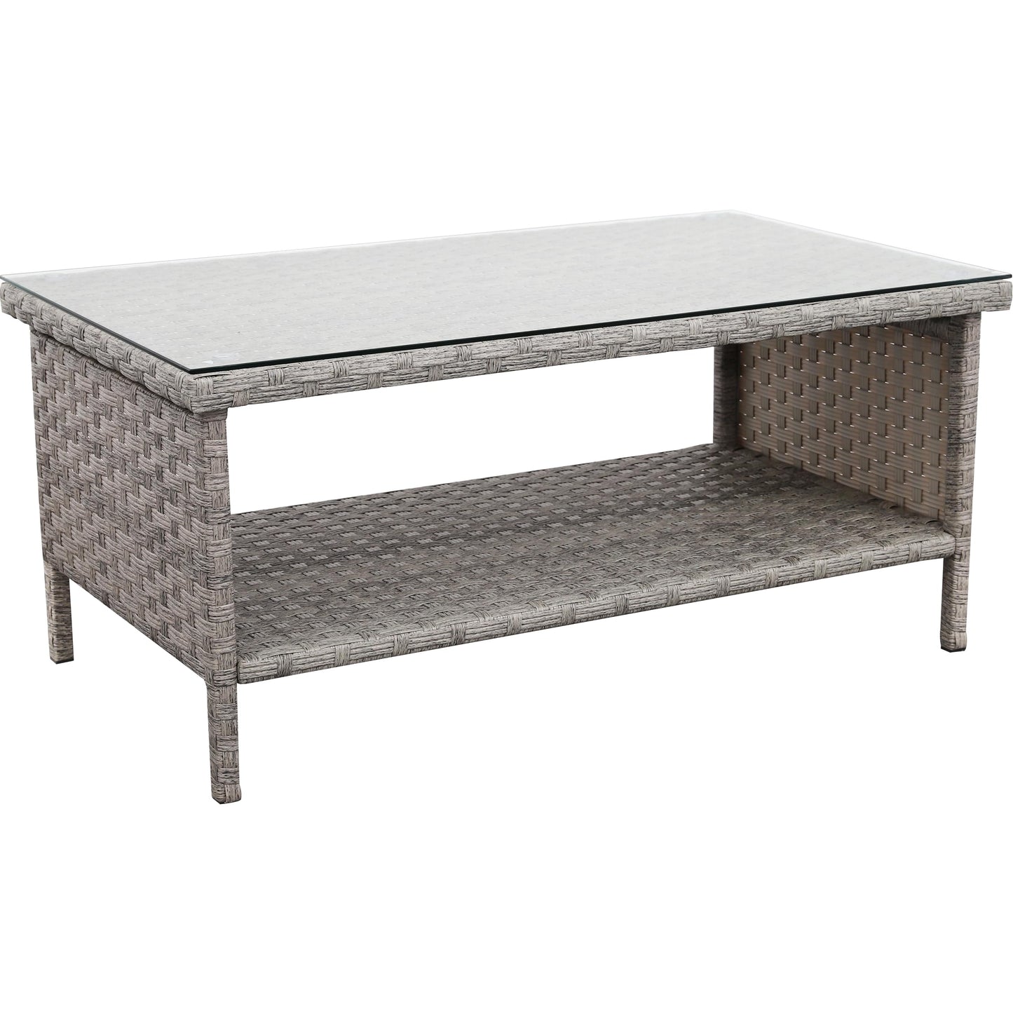 WAROOM Outdoor PE Wicker Coffee Table - Patio Rattan Garden Side End Tea Table with Glass Top Furniture, Grey