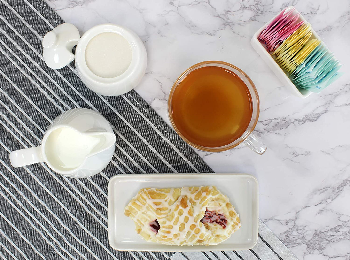 Darware Sugar and Creamer Set; 3-Piece Set w/Cream Pitcher, Sugar Bowl, Sweetener Packet Holder, White Ceramic Tea/Coffee Set