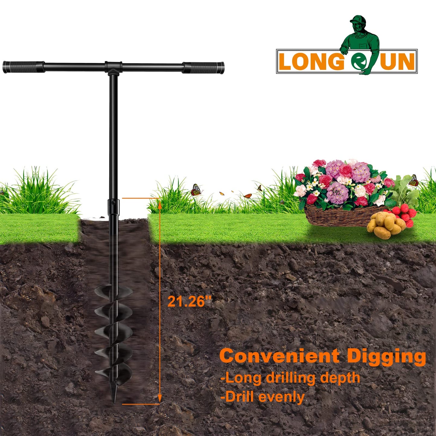 LONGRUN Hand Drill Auger Post Hole Digger, Manual Garden Hole Digging Drill Bit for Planting, Spiral Drill Planter for Bulb, Flower, Tree, Seedlings, Bedding Plants, Umbrella, Fence Holes-4"x 38"