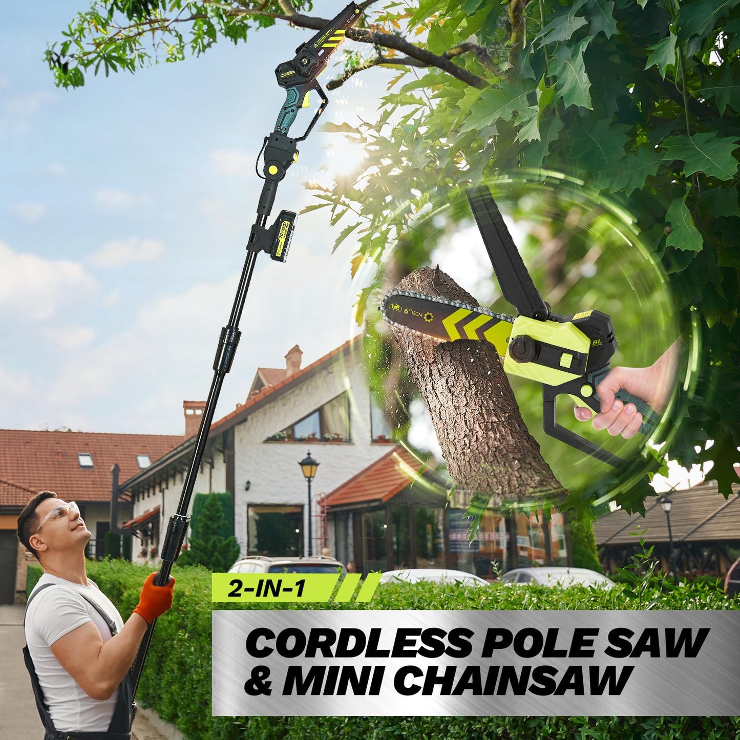 Saker Cordless Pole Saw and Mini Chainsaw,2-IN-1 Pole Chainsaw,Brushless Electric Pole Saw Battery Powered 6 Inch Chainsaw, 78.74 Inch Max Reach Tree Trimmer Pole Saw(1 Battery)