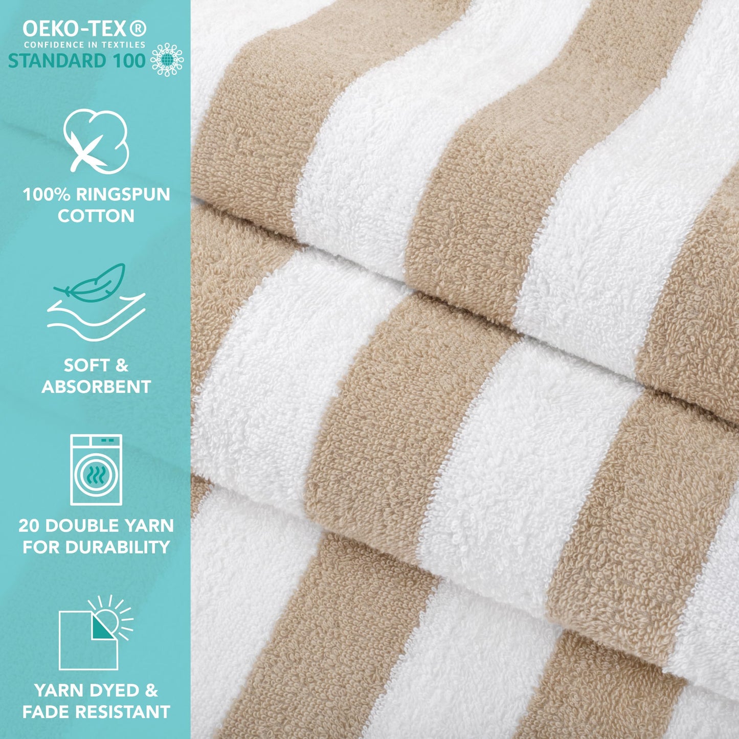 Arkwright California Cabana Stripe Beach Towel - Pack of 4 - Large Soft Quick Dry Cotton Terry Towels Set for Pool, Swim, and Hot Tub, Oversized 30 x 70 in, Beige