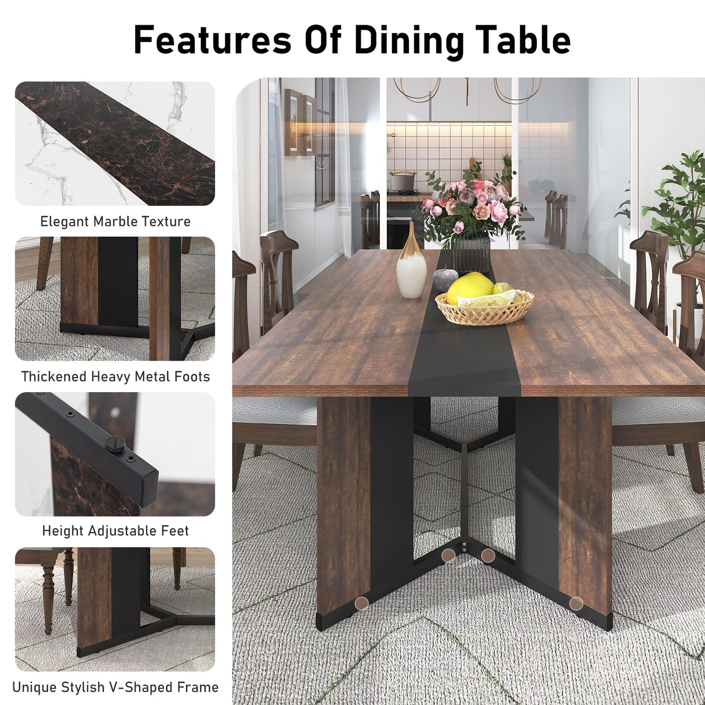 Hlivelood 71In Large Rectangular Dining Table for 4 5 6 7 8 People w/35 Marble-Color Wood Watrproof Brown Tabletop,Adjustable Leg.6ft Luxurious Family Dinner Table for Office Kitchen Living Room