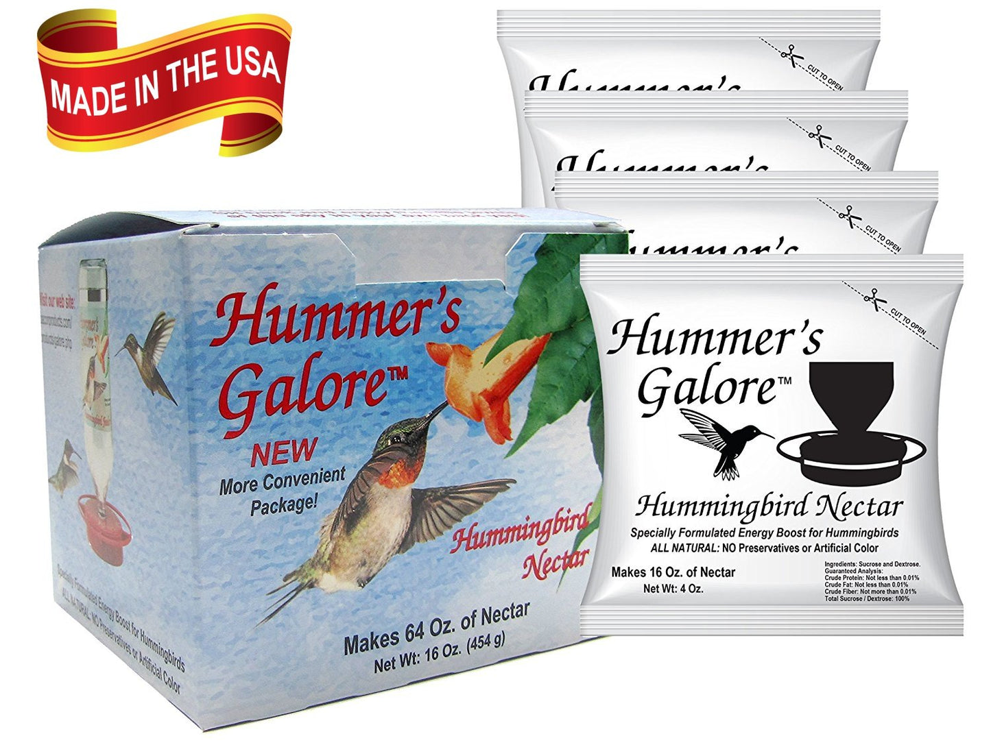 Hummer's Galore Hummingbird Food - Ready-to-Mix Hummingbird Nectar, All-Natural Nectar Collector Formula, No Preservatives or Dyes, Makes 64 Ounces (4 Packets Included)