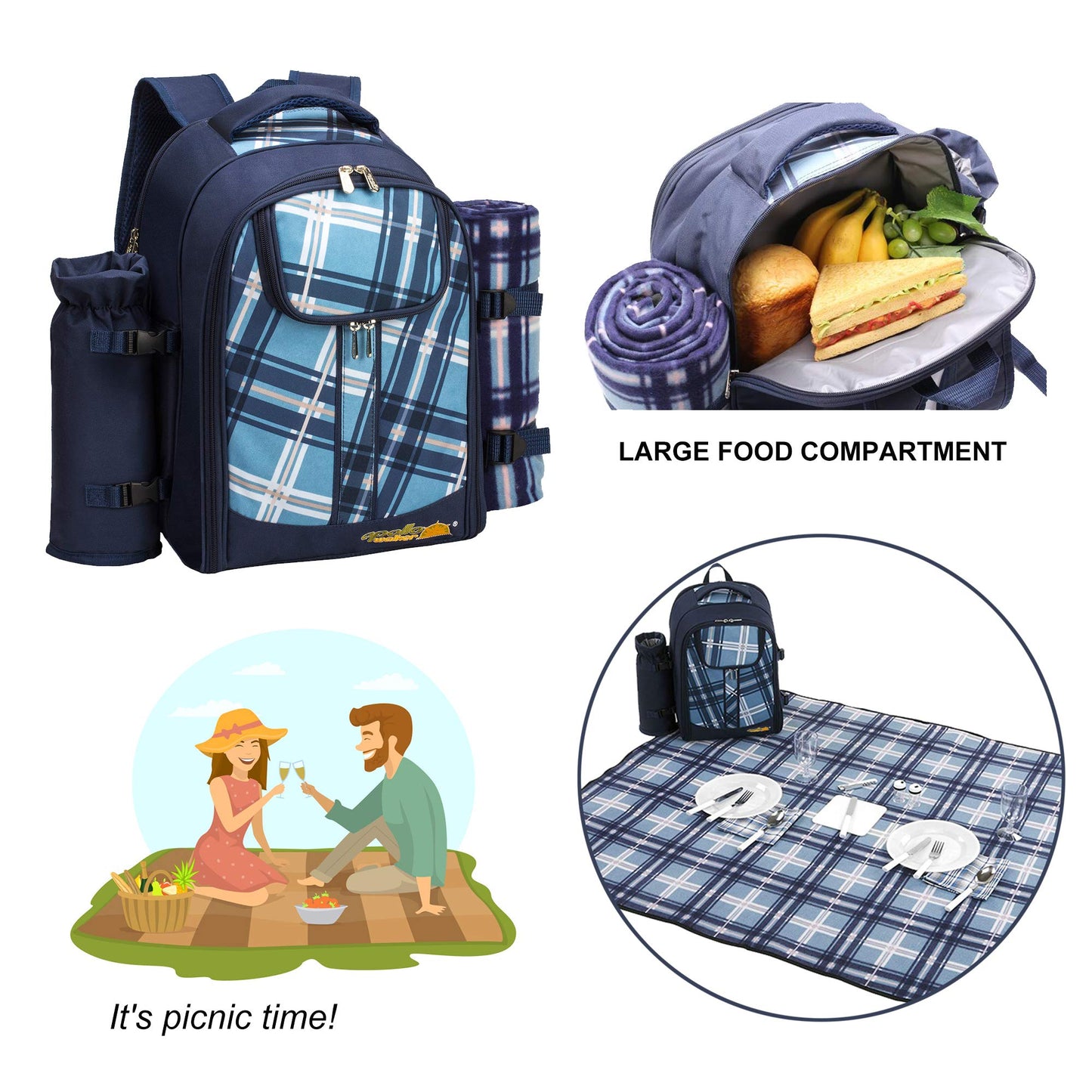 Apollo Walker Picnic Backpack Bag for 2 Person with Cooler Compartment, Detachable Bottle/Wine Holder, Fleece Blanket, Plates and Cutlery (Blue)