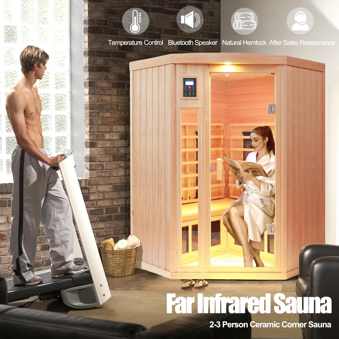 KUNSANA Ceramic Infrared Sauna 2-3 Person Infrared Saunas for Home Low EMF Indoor Home Sauna Spa Hemlock Wooden Corner Sauna Room with Bluetooth Speakers, LED Reading Lamps, Chromotherapy Lights