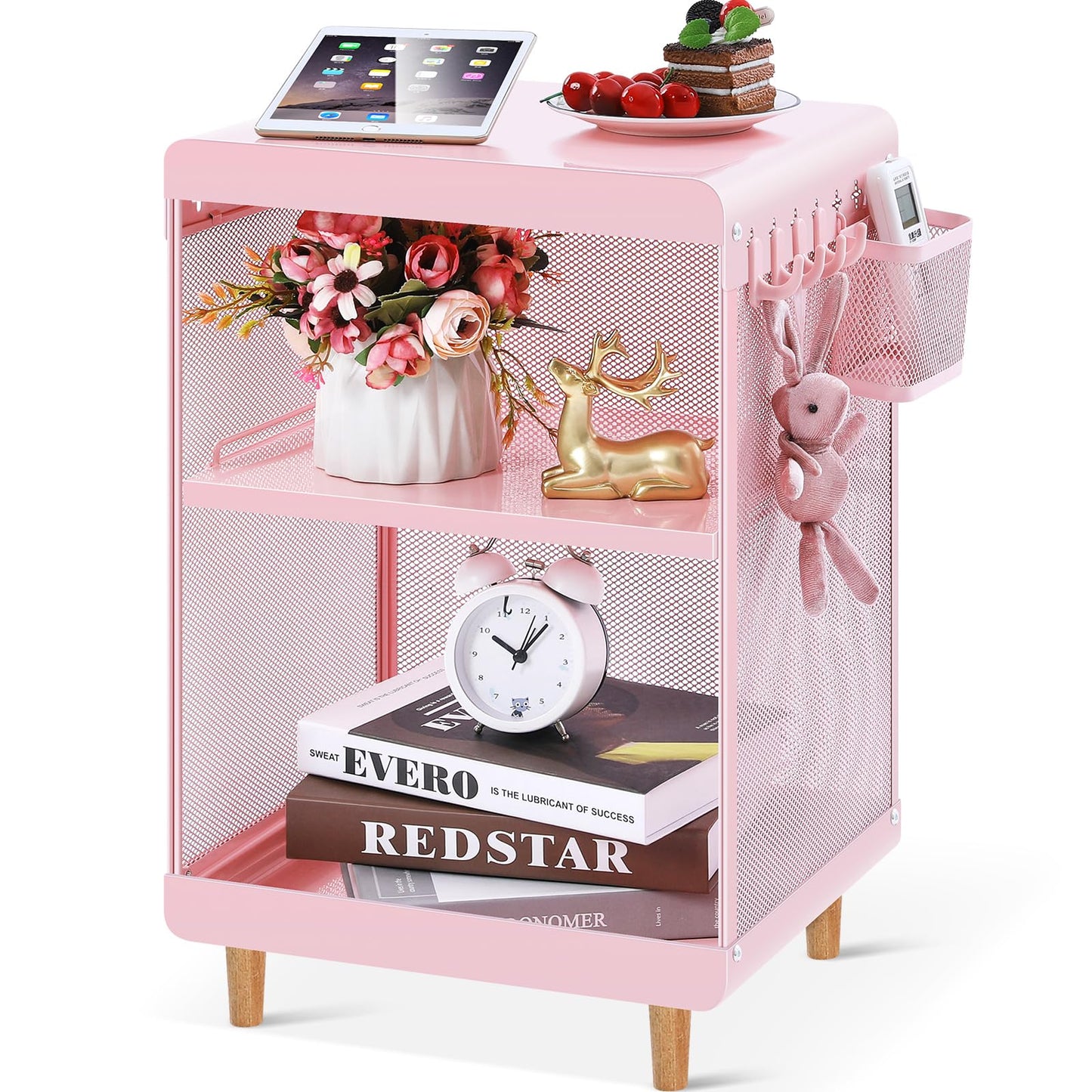 SYKIARIOL Cute Bedside Nightstand Table, Girls Metal Side Table, Kid End Table with Storage for Living Room Bedroom Kid's Room Dorm Office (Classic Pink)