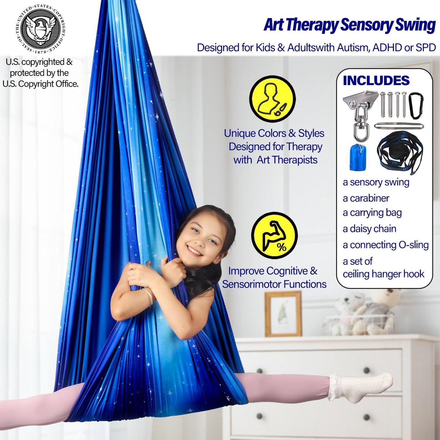 Sensory Swing for Kids & Adults Holds up to 300lbs Indoor & Outdoor Double Layer Therapy Cuddle Swing with 360° Swivel Hanger Kit for Calming, Effect for Autism, ADHD or SPD. (Star Blue)