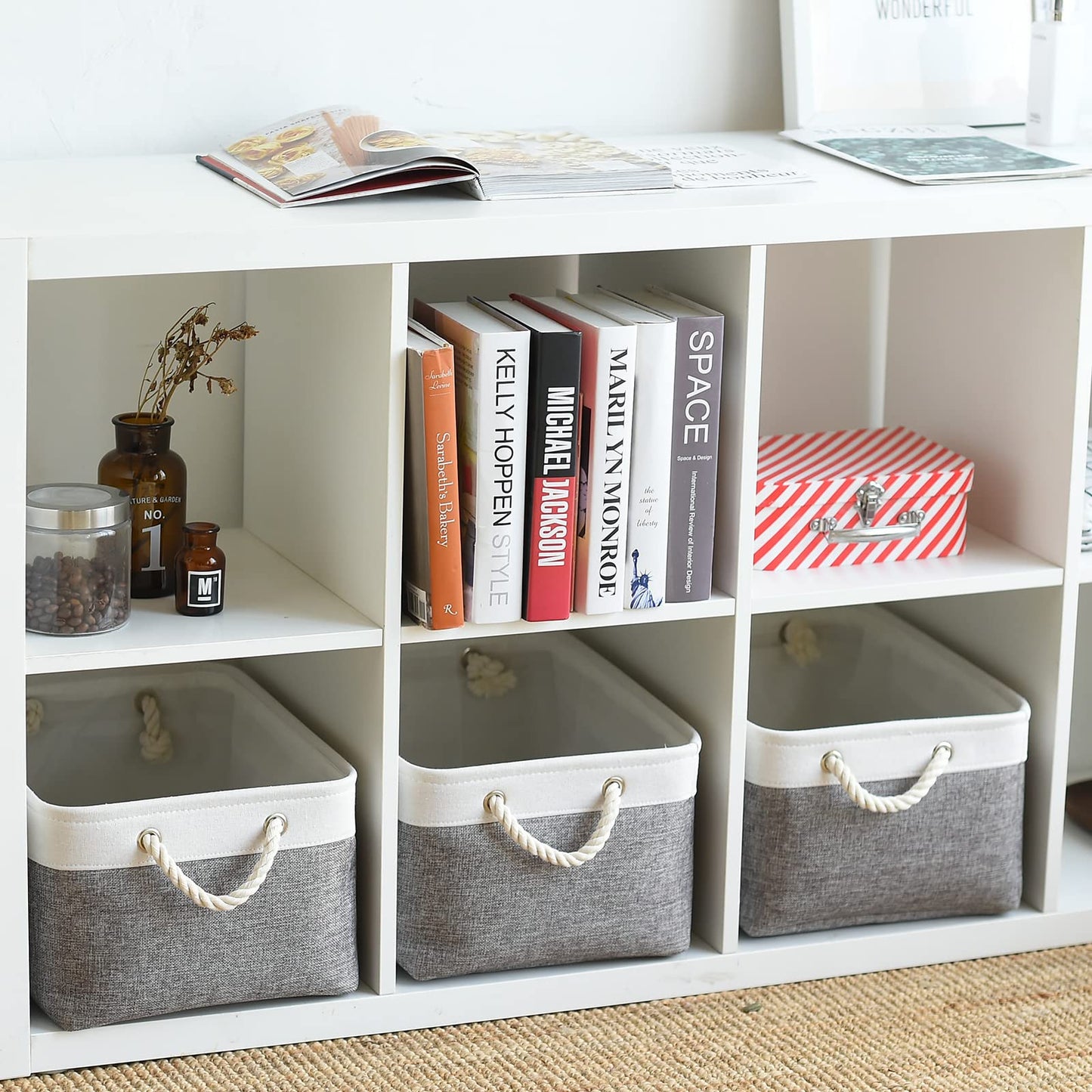 Sacyic Large Storage Baskets for Shelves, Fabric Baskets for Organizing, Collapsible Storage Bins for Closet, Nursery, Clothes, Toys, Home & Office [3-Pack, White&Grey]