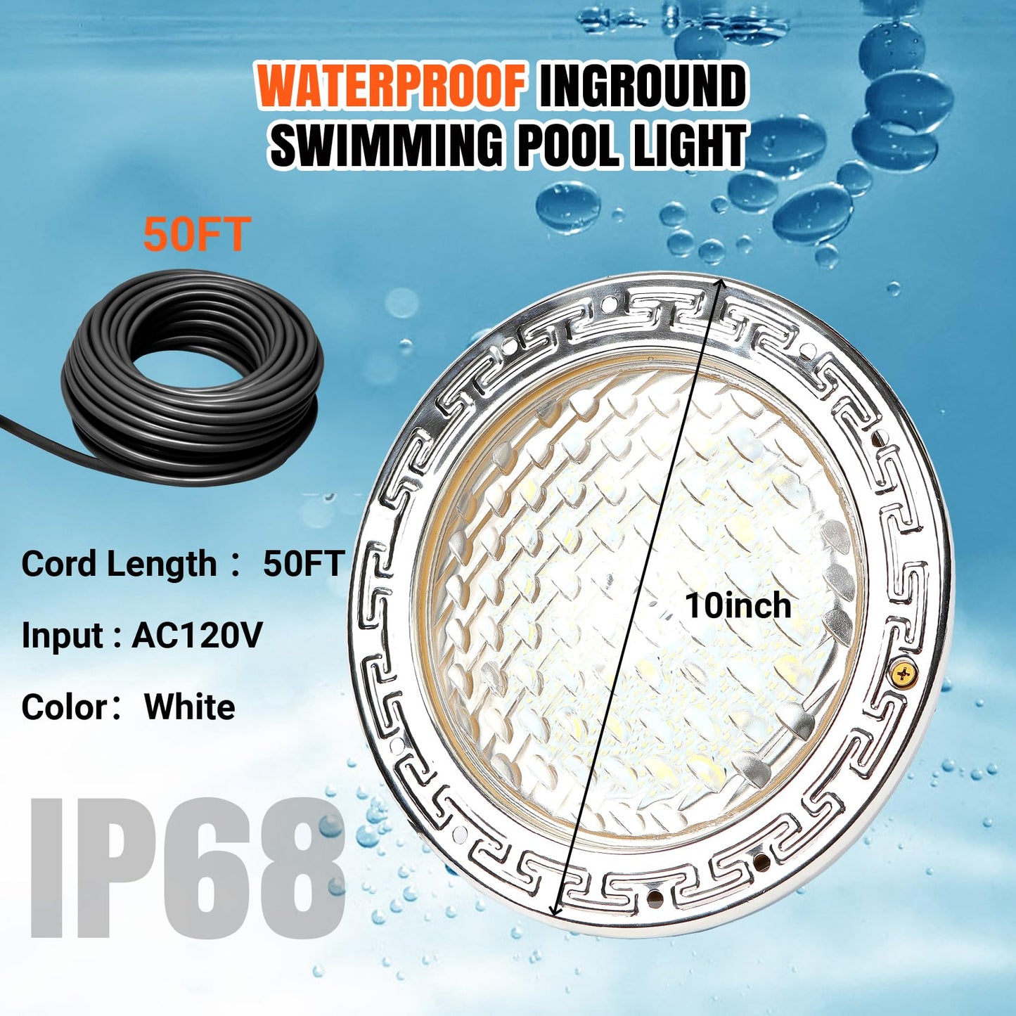 SOLAR SPORTS LED Pool Lights for Inground Pools, 120V Pool Lights White, 10 Inch Inground Pool Light 120v Suitable for 10 Inch Wet Niche, Underwater Pool Light,35W, 50 Foot Cord.