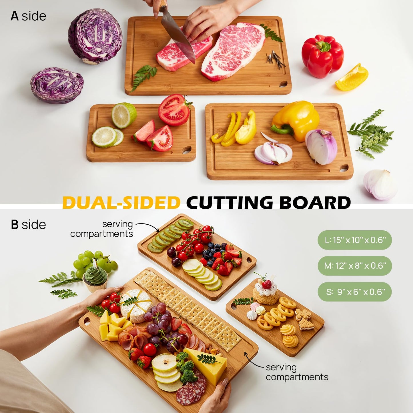 Bamboo Cutting Board, Durable Wood Cutting Boards for Kitchen with Deep Juice Grooves & Built-in Handles, Ideal Charcuterie & Chopping for Meat, Vegetables and Fruits Ideas Kitchen Gift for Home Cooks