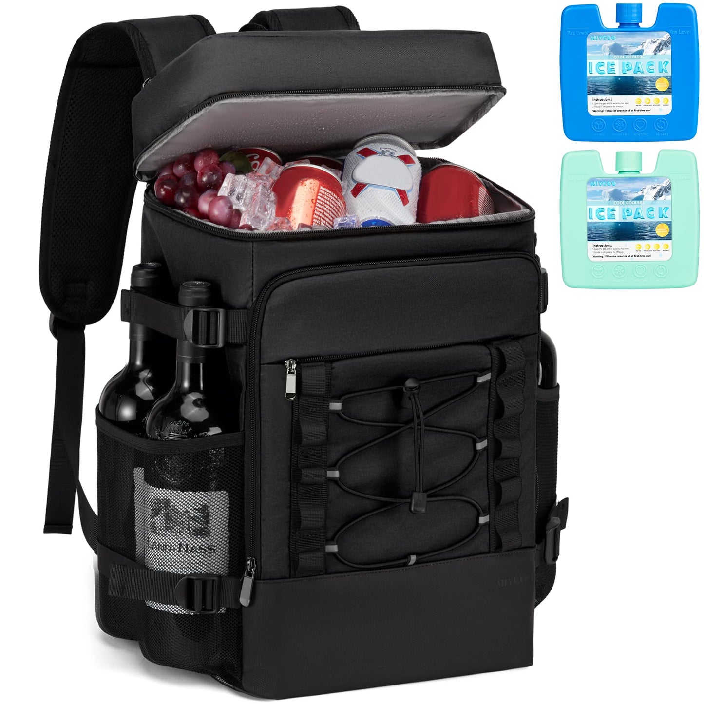 Cooler Backpack with 2pc Ice Packs - 40 Cans Insulated Backpack Cooler for Men & Women, 2 Leak Proof Compartments Cooler Bag for Picnic, Lunch, Camping and Beach - Black - MIYCOO