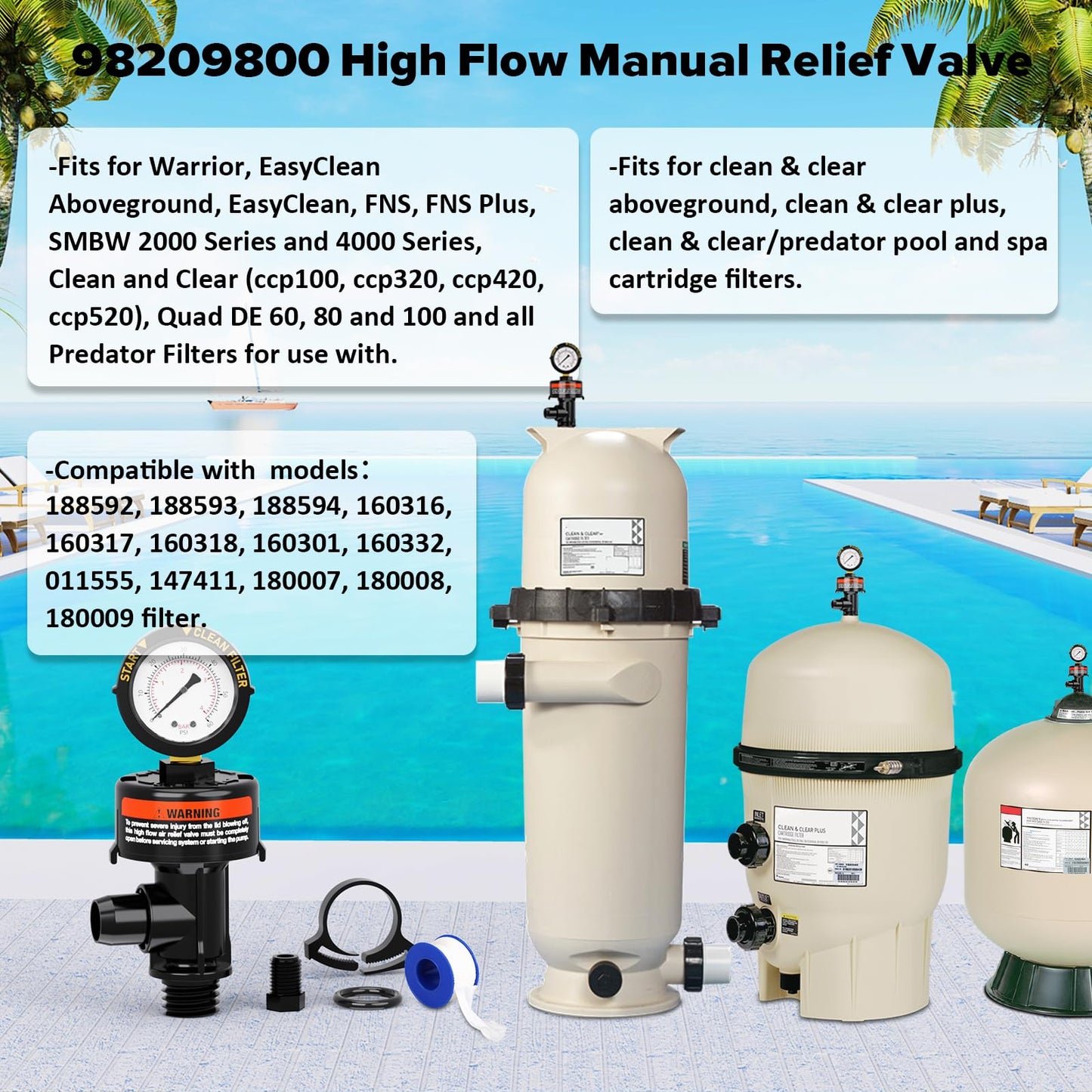 Manual Air Relief Valve for Pool and Spa Filters, Pool Filter Air Relief Valve with Pressure Gauge Replacement, Air Relief Valve for Pool Filter, Includes Gauge Plug, Pressure Gauge, O-Rings, Clips.