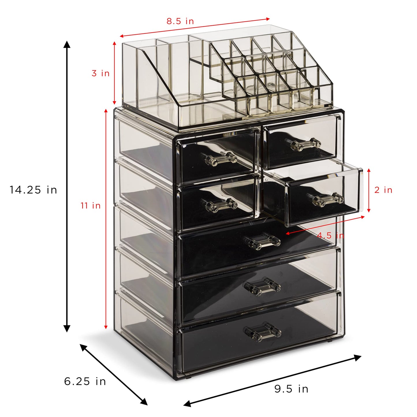 Sorbus Clear Cosmetic Makeup Organizer - Make Up & Jewelry Storage, Case & Display - Spacious Design - Great Holder for Dresser, Bathroom, Vanity & Countertop (Black Jewel, 3 Large, 4 Small Drawers)