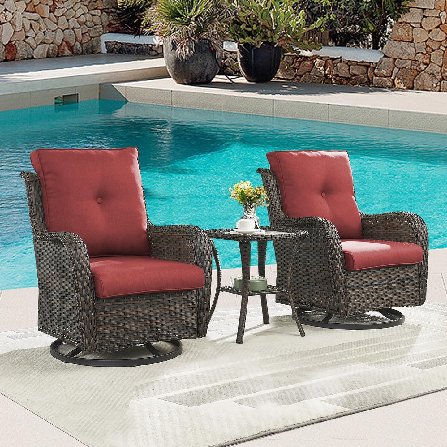 Rilyson Patio Chairs Rocking Swivel Chiar - 2 Piece Outdoor Wicker Furniture Chairs Set Rattan Rocker Chairs with High Back and Deep Seating for Outside Porch Deck Garden(Brown/Red)