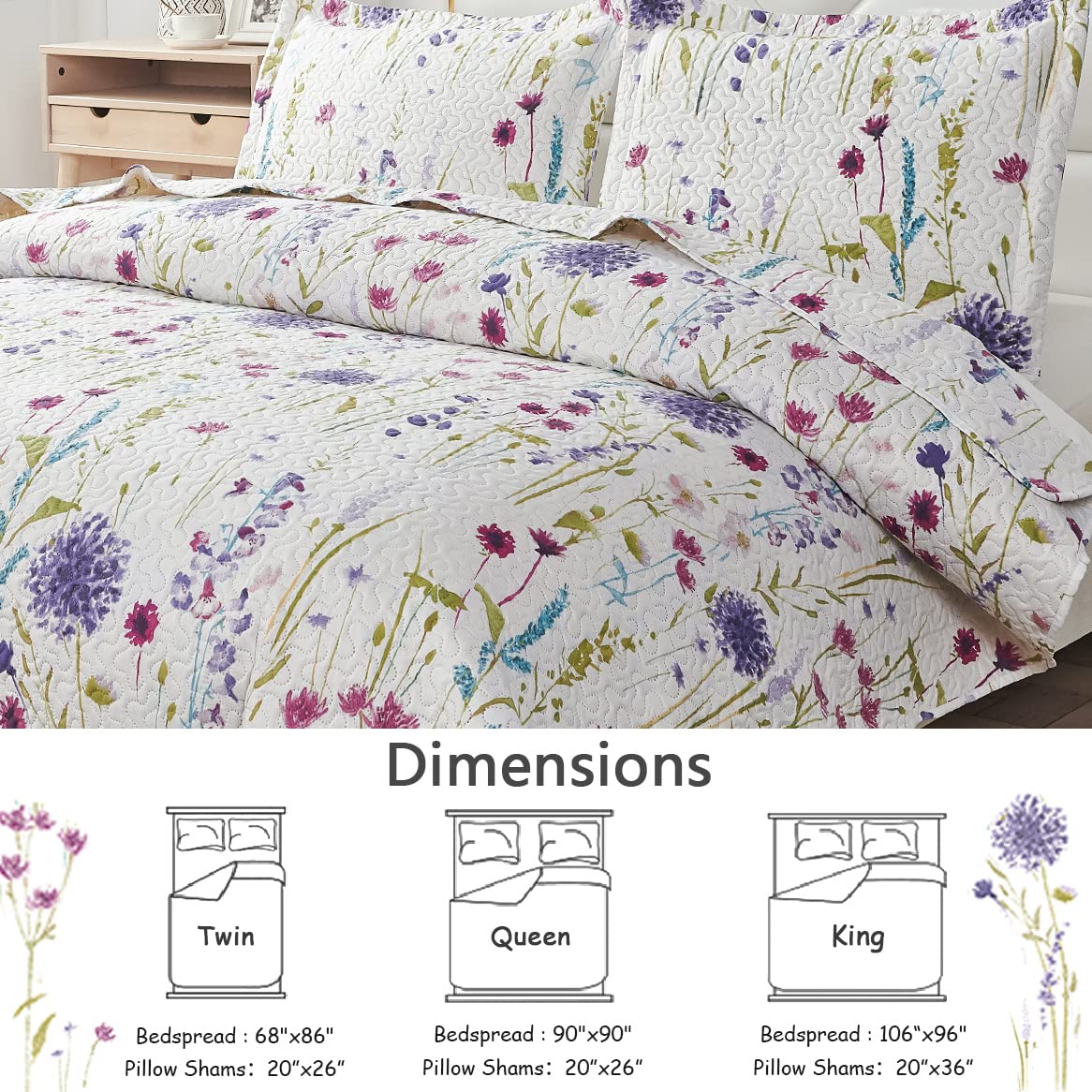 Purple Blue Green Floral Quilts Dandelion Bedspread Full/Queen Size Lightweight Summer Flower Bedding Garden Botanical Coverlet Soft Rustic Blanket Cabin Home Decor