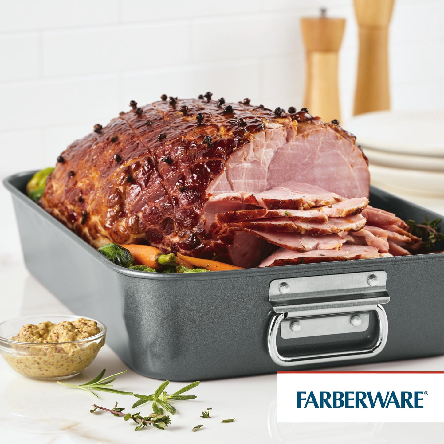 Farberware Bakeware Nonstick Steel Roaster with Flat Rack, 11-Inch x 15-Inch, Gray