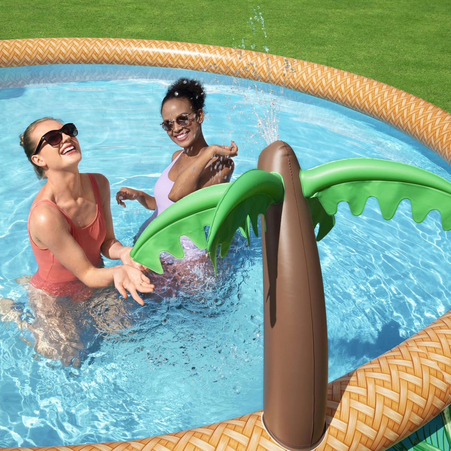 Bestway Fast Set Paradise Palms 15' x 33" Round Inflatable Outdoor Swimming Pool Set with Built-In Palm Tree Sprinkler and Filter Pump