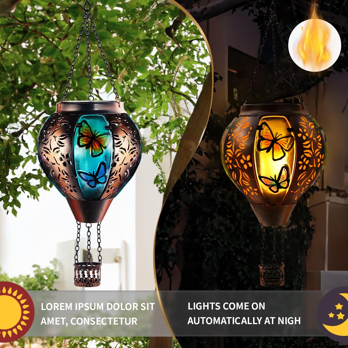 Hot Air Balloon Solar Lantern Butterfly Lights with Flickering Flame Solar Powered LED Lights Outdoor Waterproof Decorative Hanging Lights for Garden Patio Pathway Yard Porch Decor