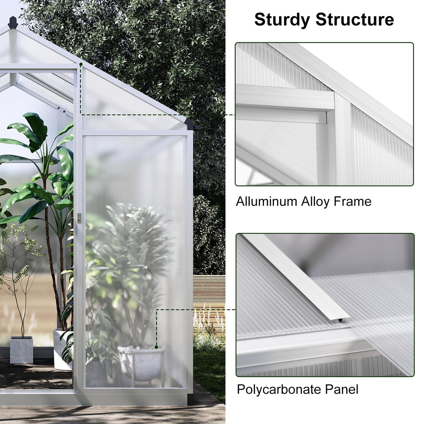 6x6 FT Greenhouse for Outdoors, Polycarbonate Greenhouse with Quick Setup Structure and Roof Vent, Aluminum Large Walk-in Greenhouse for Outside Garden Backyard, Silver