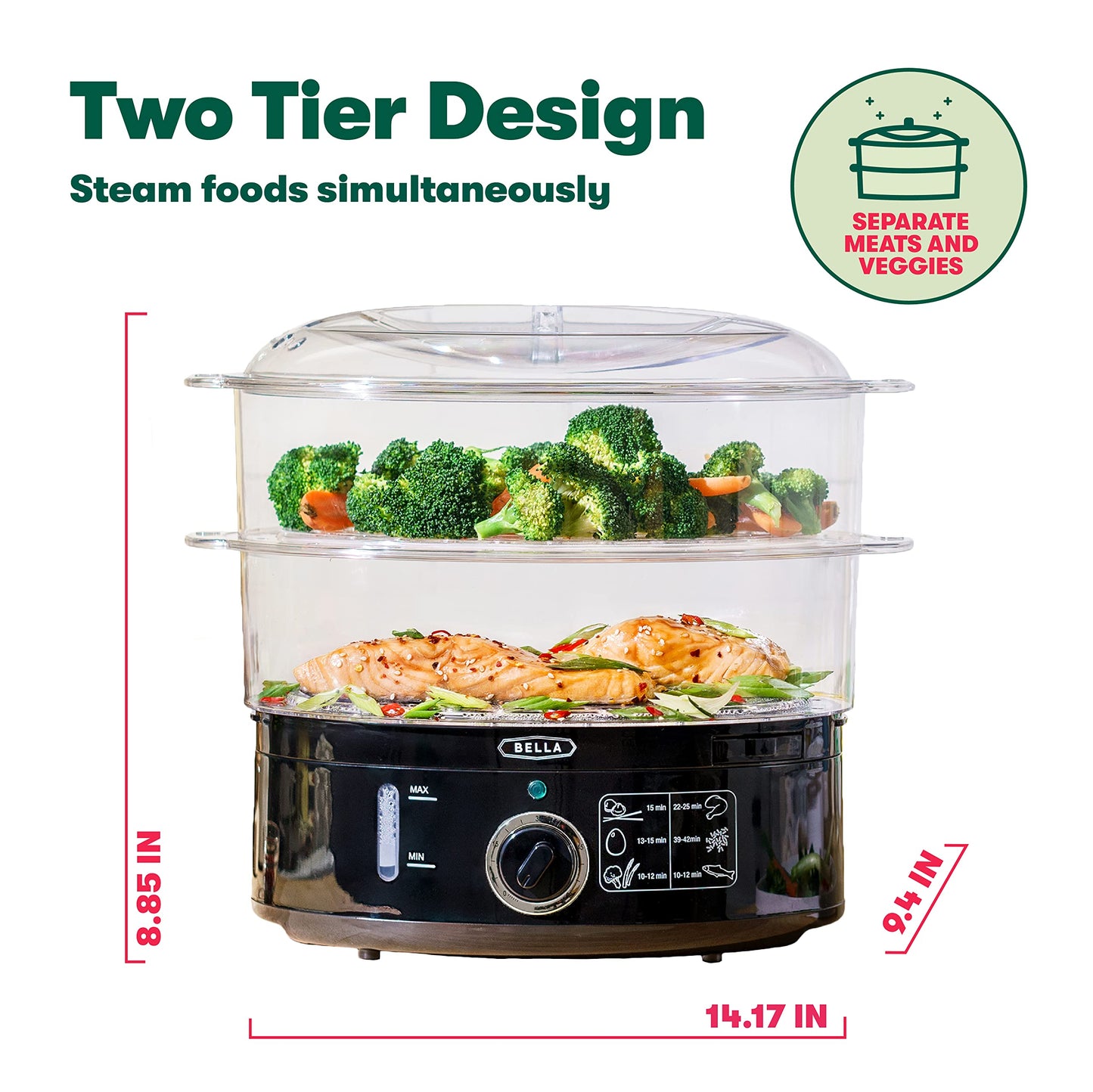 BELLA Two Tier Food Steamer with Dishwasher Safe Lids and Stackable Baskets & Removable Base for Fast Simultaneous Cooking - Auto Shutoff & Boil Dry Protection, Stainless Steel, 7.4 QT, Black