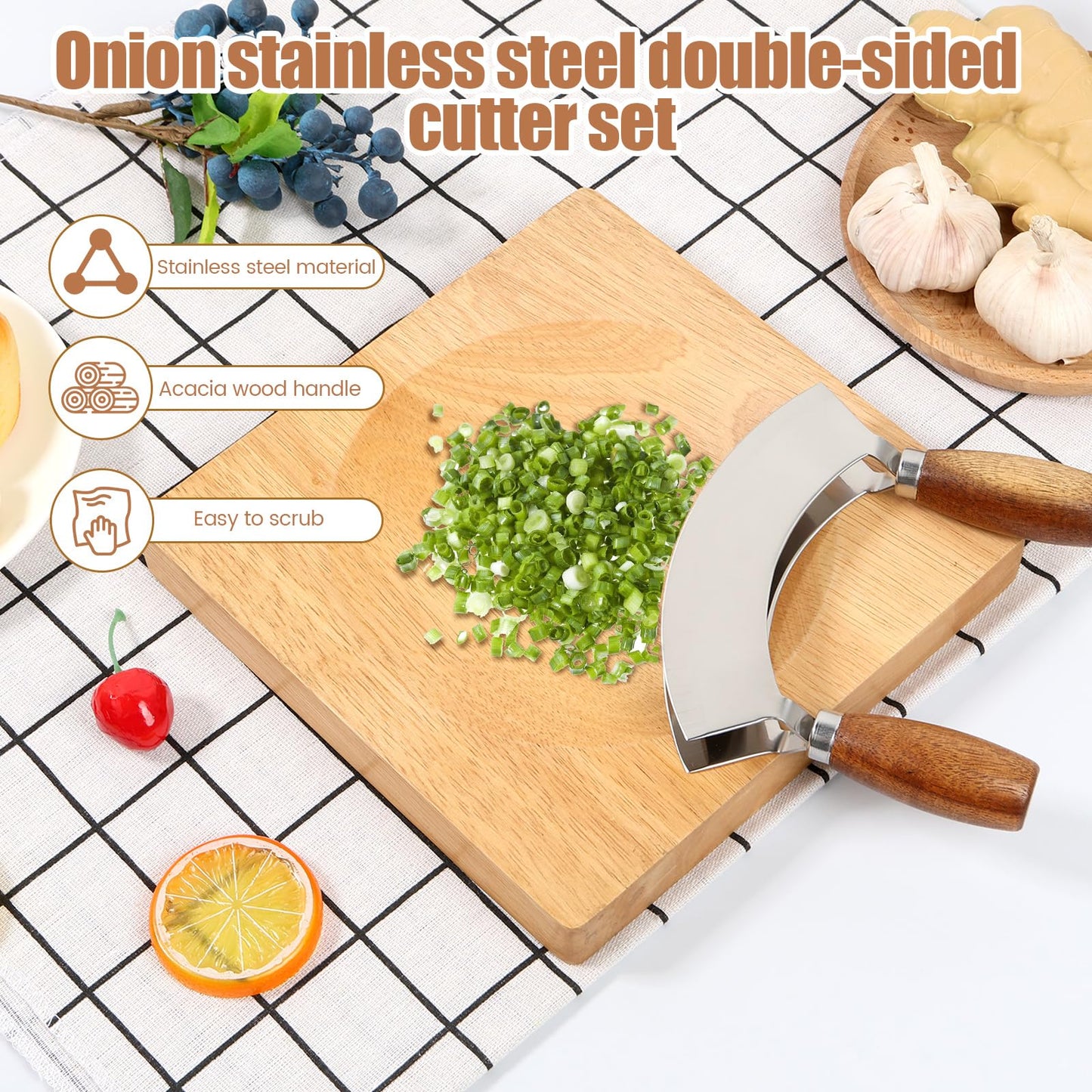 Stainless Steel Mezzaluna Knife with Square Cutting Board Stainless Steel Ulu Knife Curved Double Blade Rocker Knife with Double Wood Handles for Efficient Mincing Nuts and Veggies