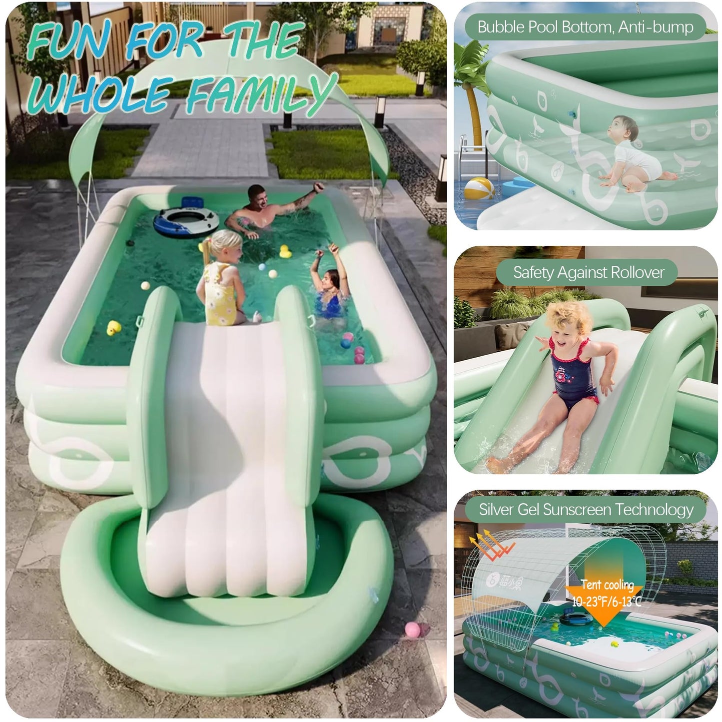 Inflatable Pool with Canopy and Slide - Large Inflatable Swimming Pool for Persons, Durable Thickened 102"x 69"x 24" Inflatable Family Pool for Backyard, Outdoor