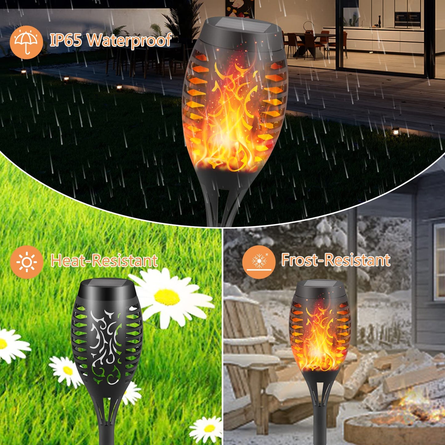 DIKAIDA 6 Pack Solar Lights Torches LED Flickering Flame Outdoor Waterproof Solar Powered Pathway Lights Landscape Lanterns Decoration Lighting Auto On/Off for Garden, Golden (Black)