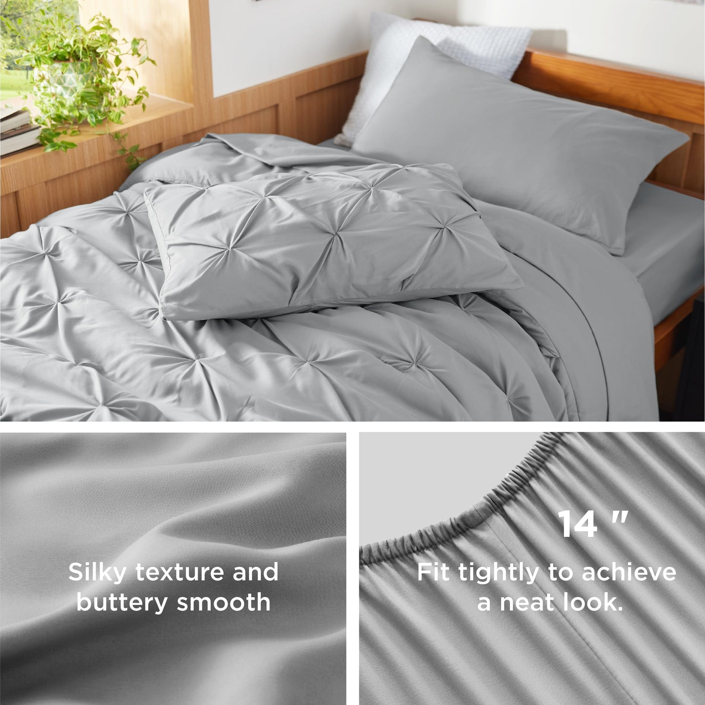 Bedsure Twin XL Comforter Set - Extra Long 5 Pieces Dorm Bedding Sets, Pinch Pleat Grey Bed in a Bag with Comforter, Sheets, Pillowcase & Sham