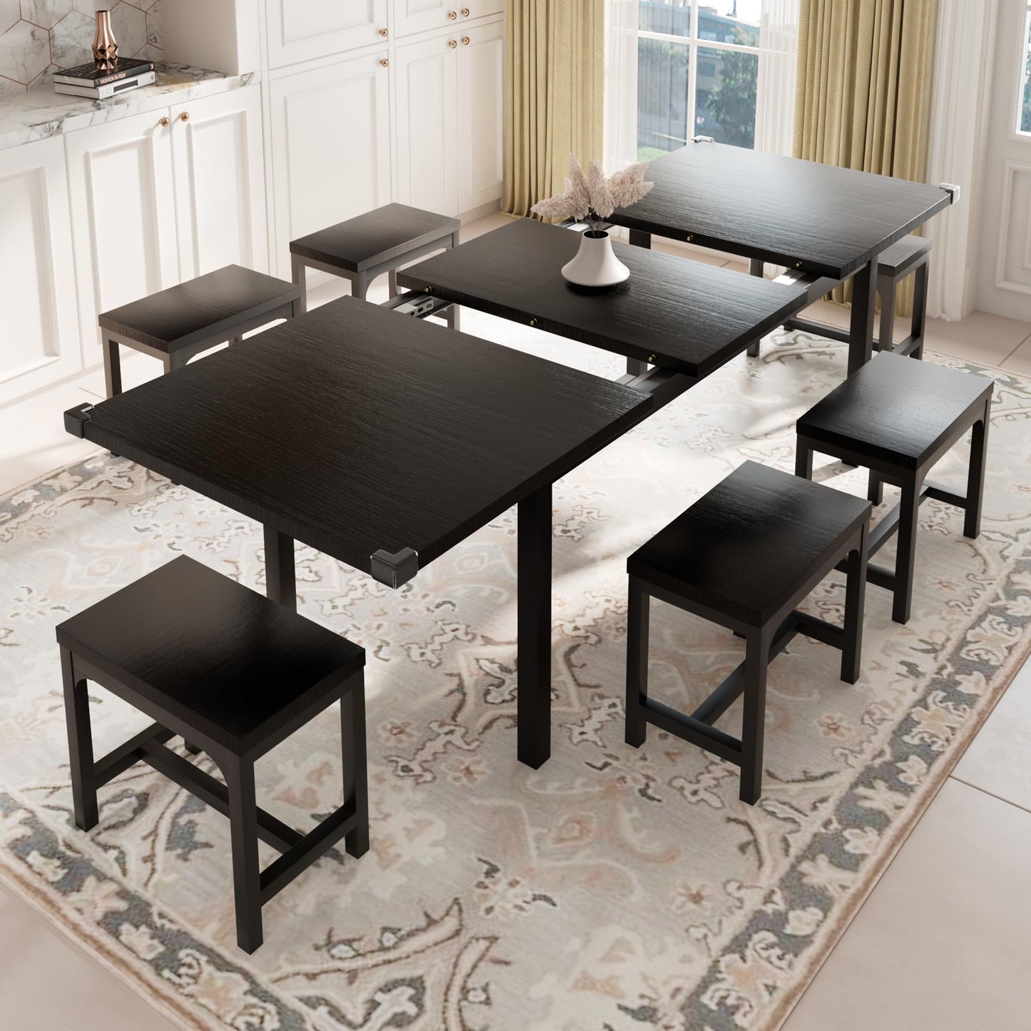 Feonase 7-Piece Dining Table Set with 6 Stools, 63" Large Extendable Kitchen Table Set for 4-8, Mid-Century Dining Room Table with Heavy-Duty Frame, Easy Assembly, Black