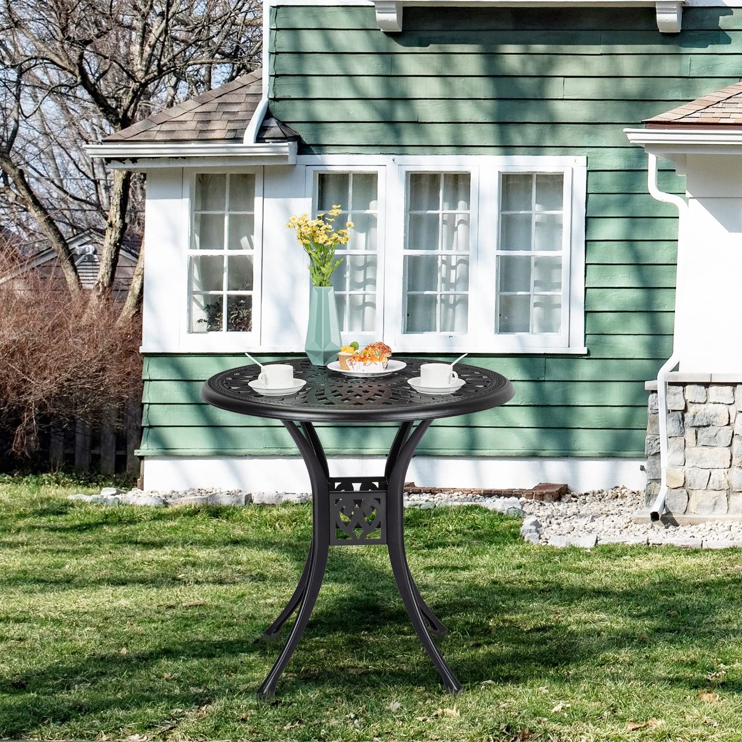 TROPOW 30.25 Inch Cast Aluminum Bistro Table with Umbrella Hole, Round Patio Bistro Table with Adjustable Feet, Outdoor Side Table for Porch, Backyard, Garden, Balcony, Black