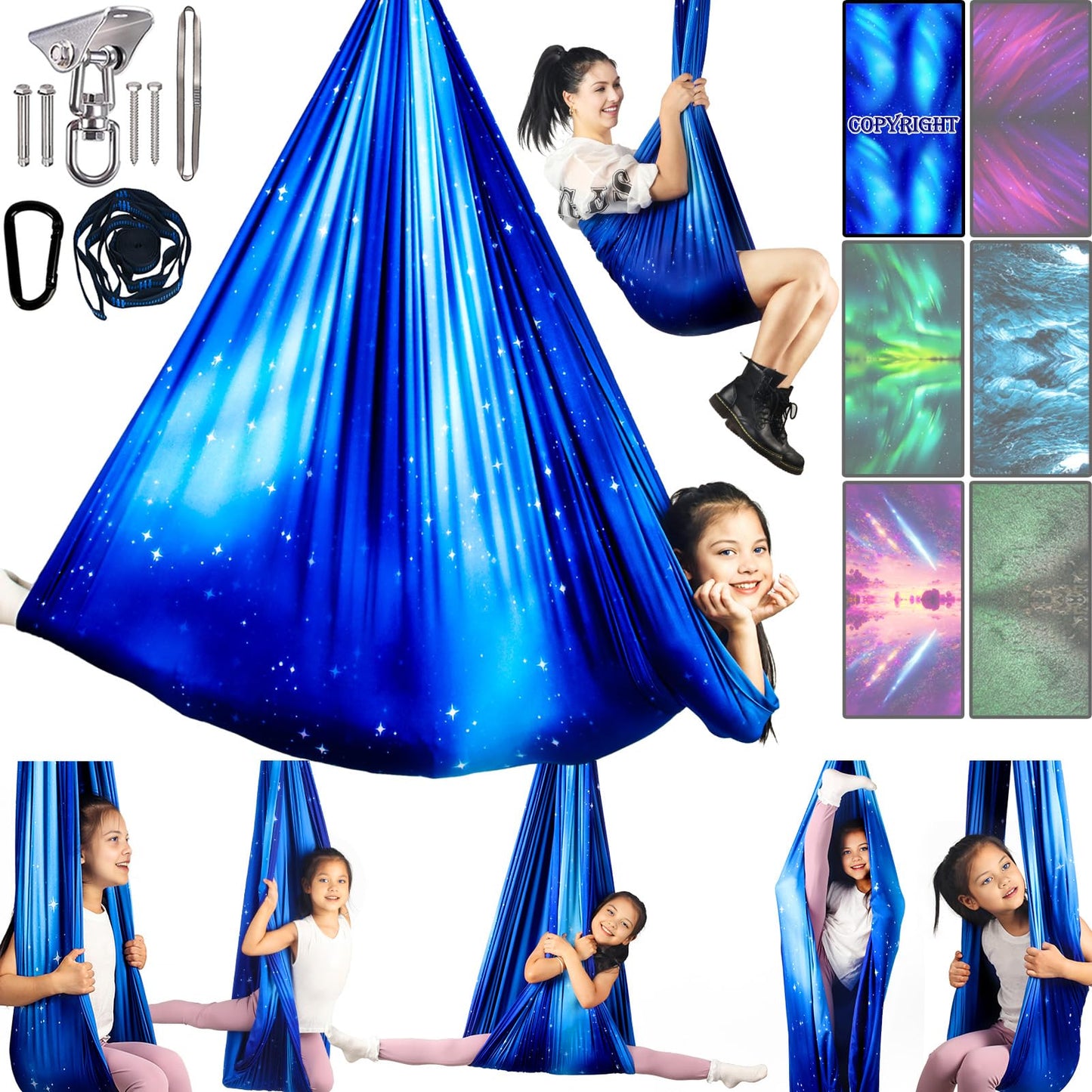 Sensory Swing for Kids & Adults Holds up to 300lbs Indoor & Outdoor Double Layer Therapy Cuddle Swing with 360° Swivel Hanger Kit for Calming, Effect for Autism, ADHD or SPD. (Star Blue)