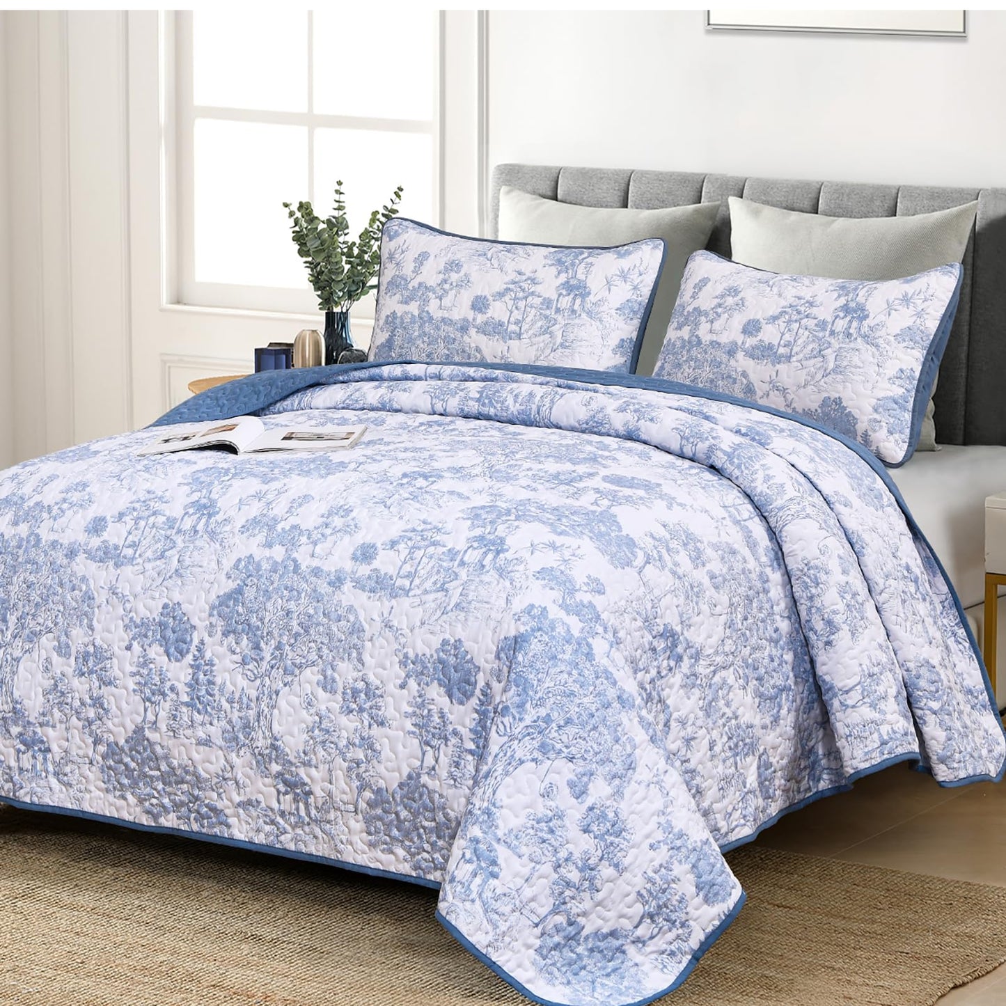 WONGS BEDDING Blue Quilt Set Full Size, 3 Pieces Botanical Bedspreads Set Lightweight Microfiber Blue Plants Pattern Coverlet Home Decor for All Seasons (90"x78")