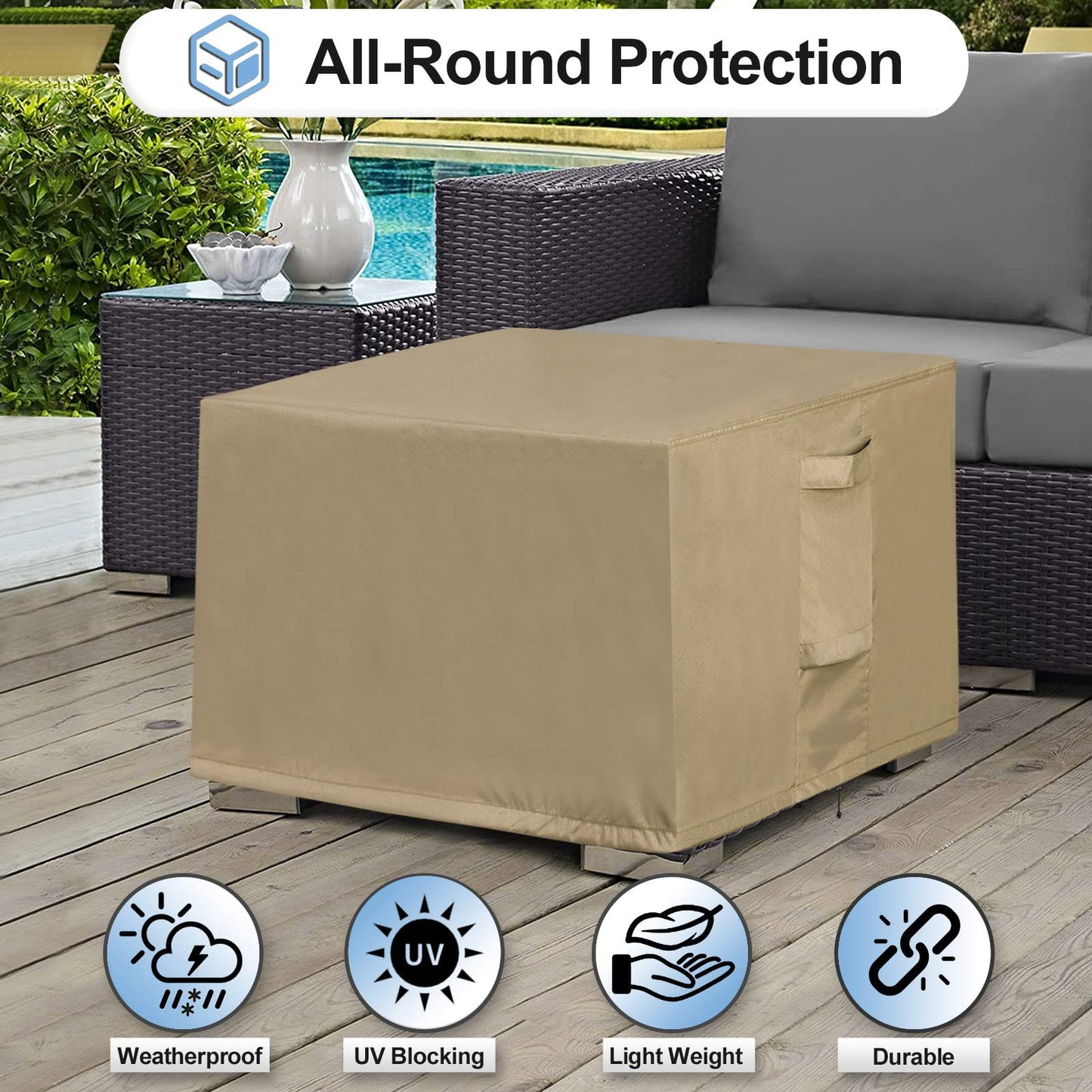 OutdoorLines Outdoor Waterproof Patio Ottoman Covers - Square UV-Proof Patio Side Table Cover Windproof Heavy-Duty Furniture Covering Protector 33L x 33W x 17H Inch, Camel