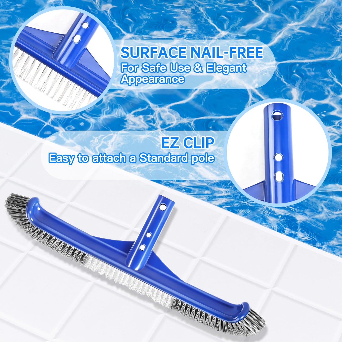 Pool Brush Head, 17.5" Pool Brushes for Cleaning Pool Walls, Curved Ends High-Efficiency Pool Scrub Brush,Premium Nylon Bristles Pool Brush with EZ Clip