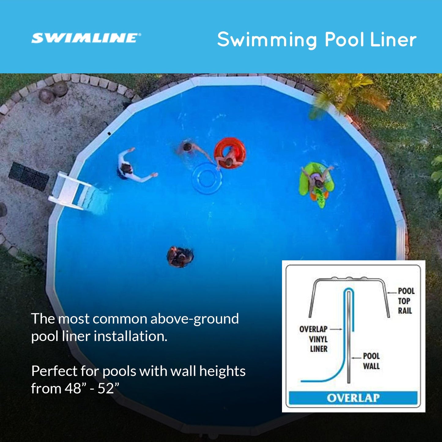 Swimline 24 Feet Solid Round Above Ground Swimming Pool Overlap, Standard Gauge Liner, Vinyl, Easy Installation, Blue