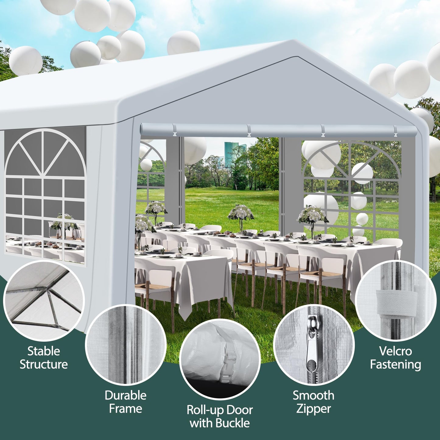 QZEN 20'x20' Canopy Party Tent, Heavy Duty Wedding Tent with Removable Sidewall & 4 Sand Bags, Outdoor Event Tent for Wedding, Birthday Party (20' x 20')