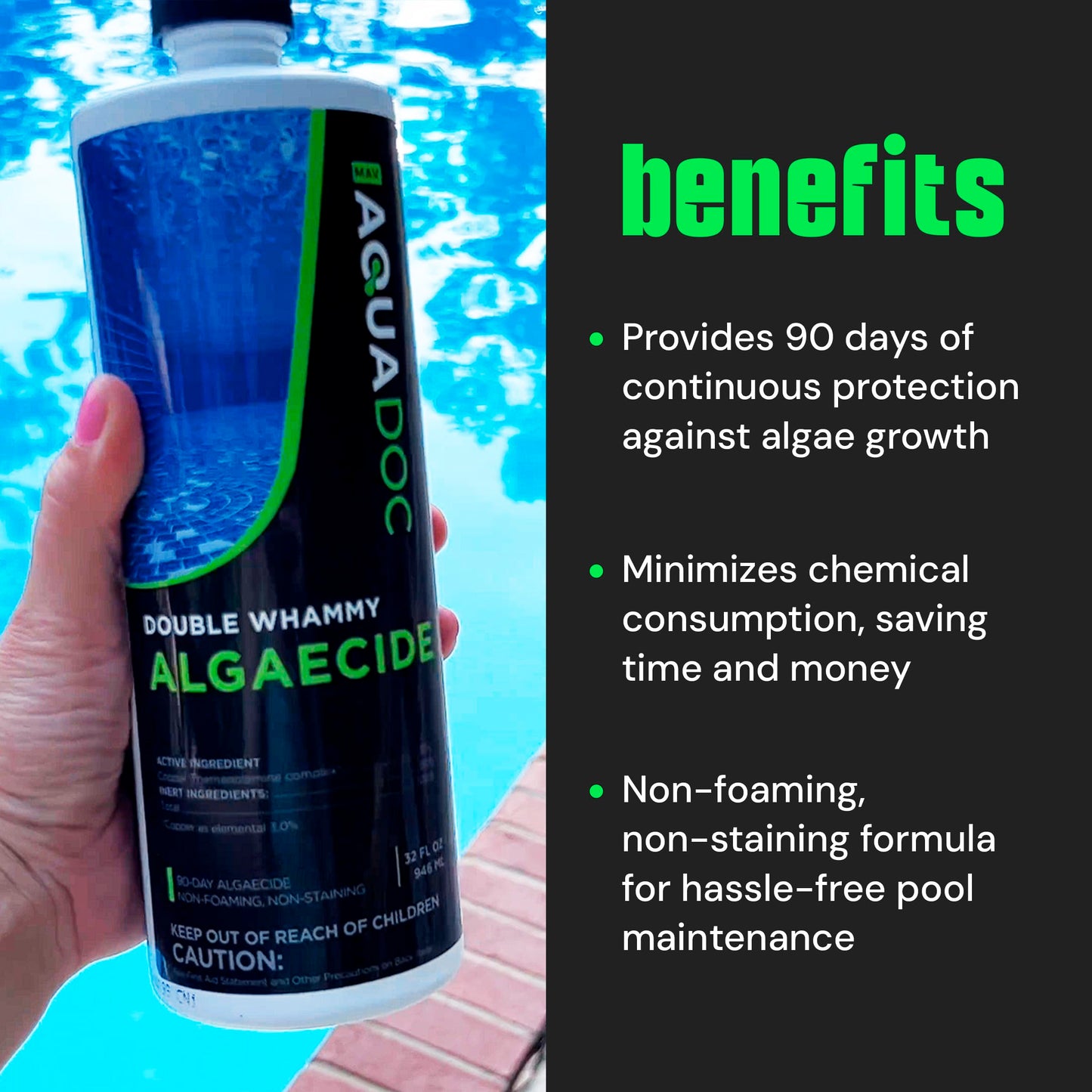 Copper Pool Algaecide for Swimming Pool - 90 Day Algaecide for Inground Pool to Prevent and Remove Pool Algae - Super Algaecide for Pool Opening - AquaDoc 32oz