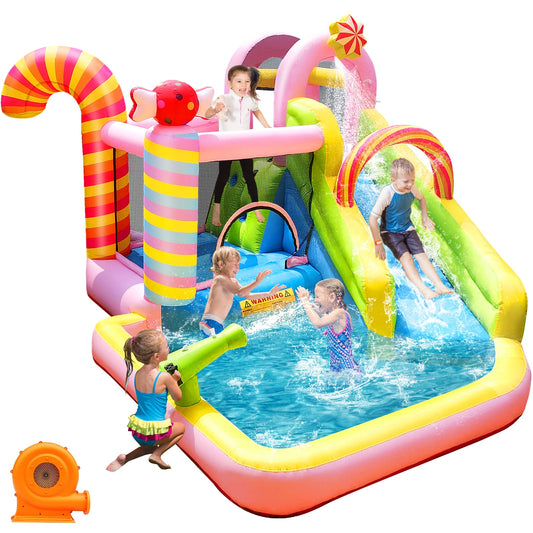 NBSPORT Inflatable Bounce House Water Slide, 6 in 1 Sweet Candy Water Park, Wet Dry Combo Bouncy Castle with 450W Blower, Splash Pool, Water Slide for Kids and Adults Backyard Party Gifts